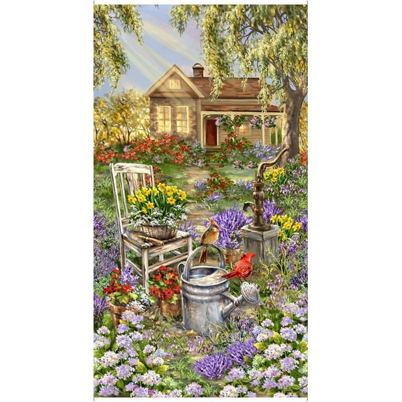 24" X 44" Panel Flowers Floral Gardens Houses Sunshine Trees Timeless Treasures Multicolor Cotton Fabric Panel (PANELDG-CD3197)