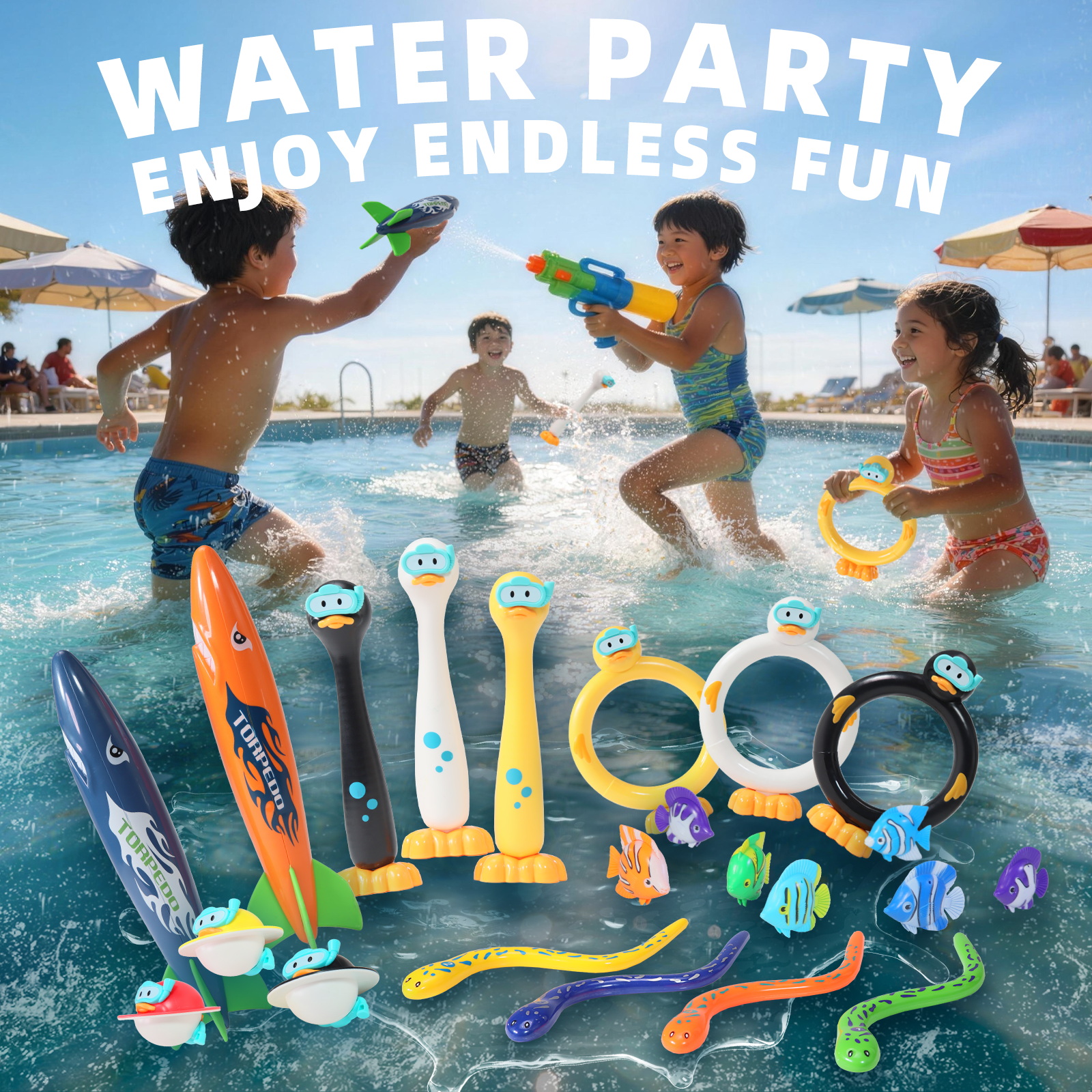21 Pcs Pool Diving Toys Set for Kids Adults, Swimming Pool Accessories with Dive Rings, Torpedo Rockets, Penguin Sticks & Sea Creatures, Summer Fun Water Games for Pool Party & Bath