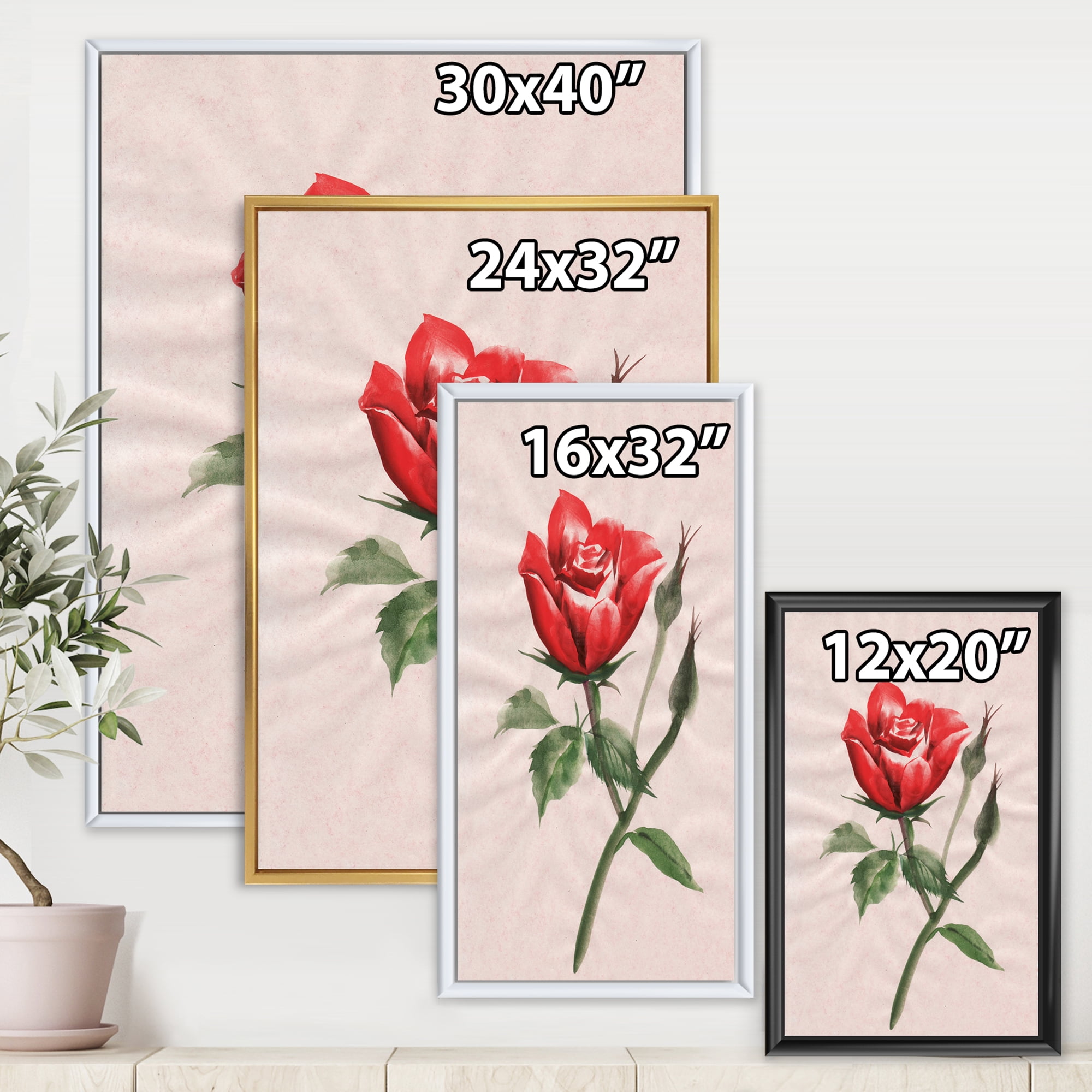 Designart 'Ancient Red Rose Flower II' Traditional Framed Canvas Wall Art Print