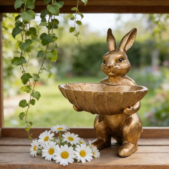 FYHALE Vintage Gold Easter Bunny Tray Ornament, Resin Standing Rabbit Figurine with Decorative Storage Tray for Keys Jewelry Candy, Tabletop Entryway Living Room Holiday Home Decor
