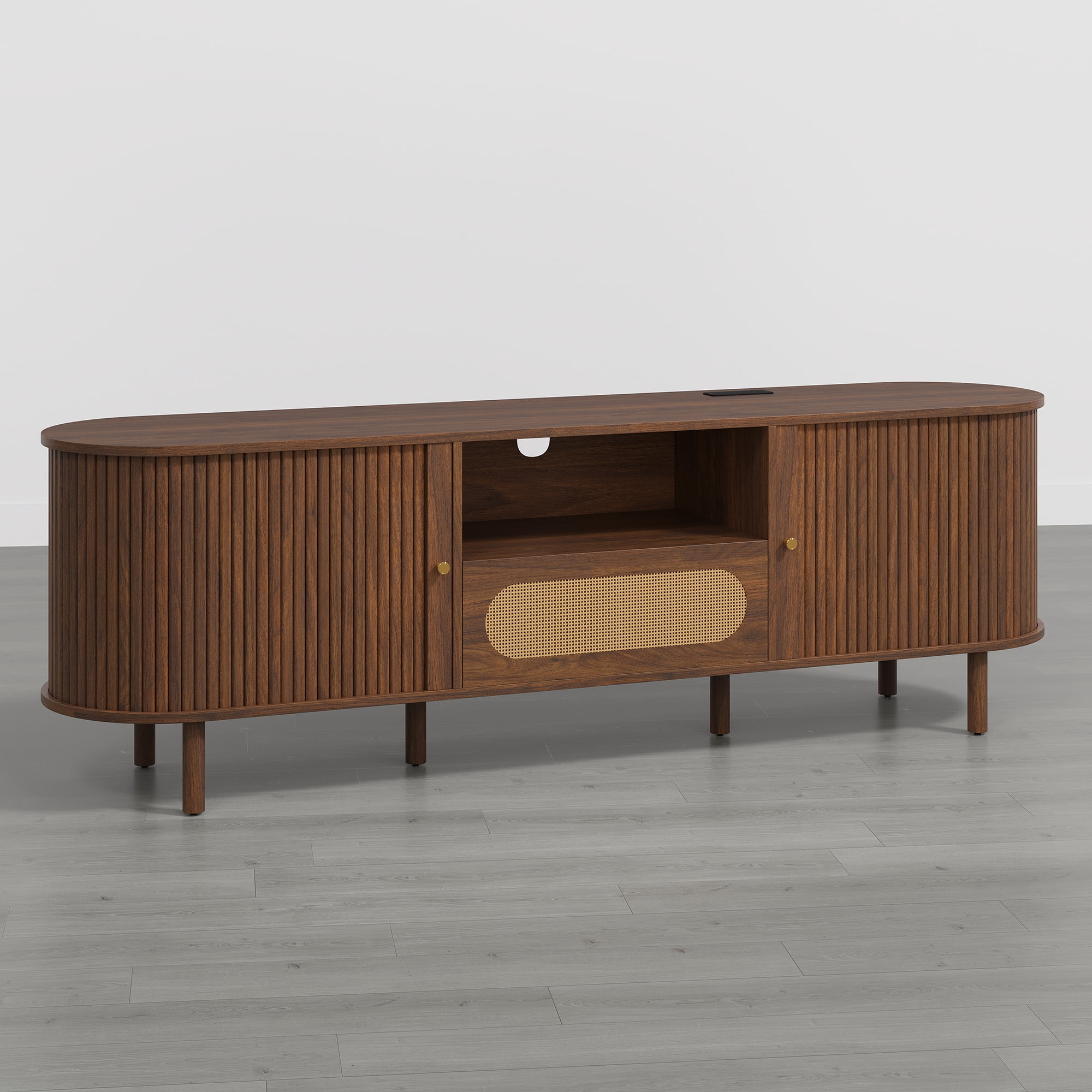 Spruce & Spring Tambour TV Stand with Power Outlet, Mid-Century Modern Entertainment Center, Rattan Drawer & Fluted Sliding Doors, Solid Wood Legs & Cable Management, Walnut, for TVs up to 80 Inch