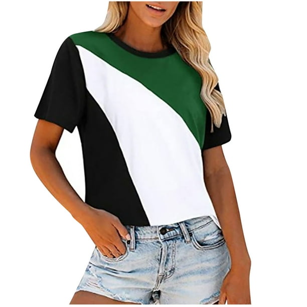 Mefallenssiah Short Sleeve Blouses Women‘S tops Summer O- Neck Splicing Casul T Shirts Tee Blousexxl