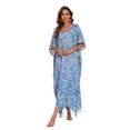 thumbnail image 2 of Beautybatik Cerulean blue Women Hand Blocked Batik Rayon Caftan Kaftan Loungewear Maxi Plus Size Long Dress 1X, 2 of 5