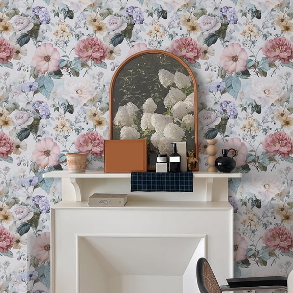 Abyssaly Floral Wallpaper Peel and Stick 17.3" × 118" Vintage Floral Watercolor Self Adhesive Textured Wall Paper Contact Paper Home Decor Wall Covering Old Furniture Renovation