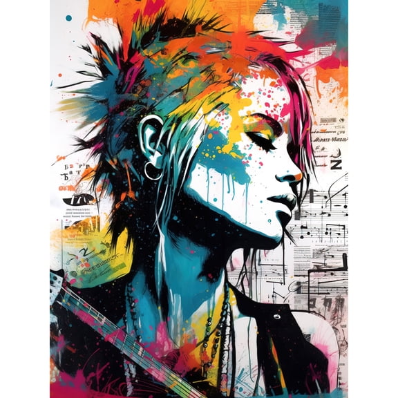Emo Woman Electric Guitar Sheet Music Upcycle Art Splatter Paint Modern Painting Large Wall Art Poster Print Thick Paper 18X24 Inch