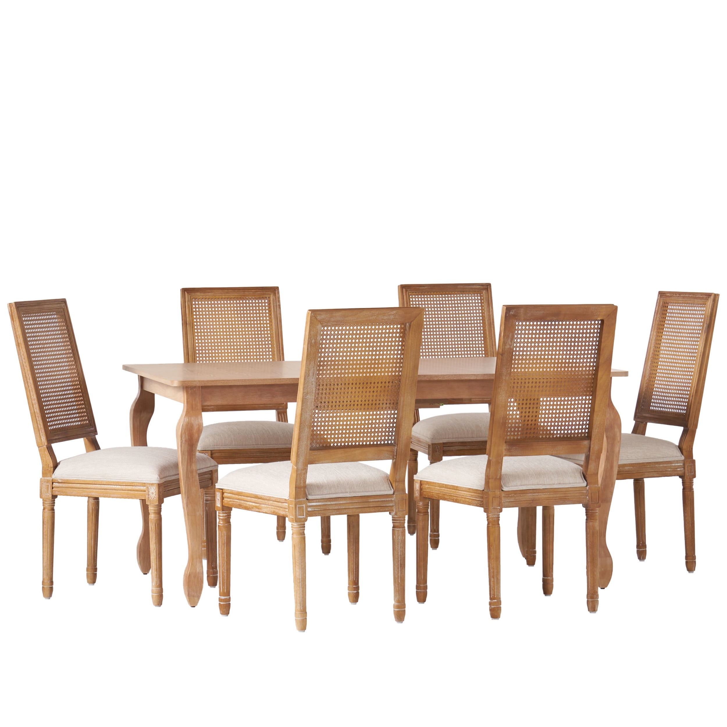 Noble House Fescue Fabric Upholstered Wood and Cane Expandable 7 Piece Dining Set, Natural Brown and Beige