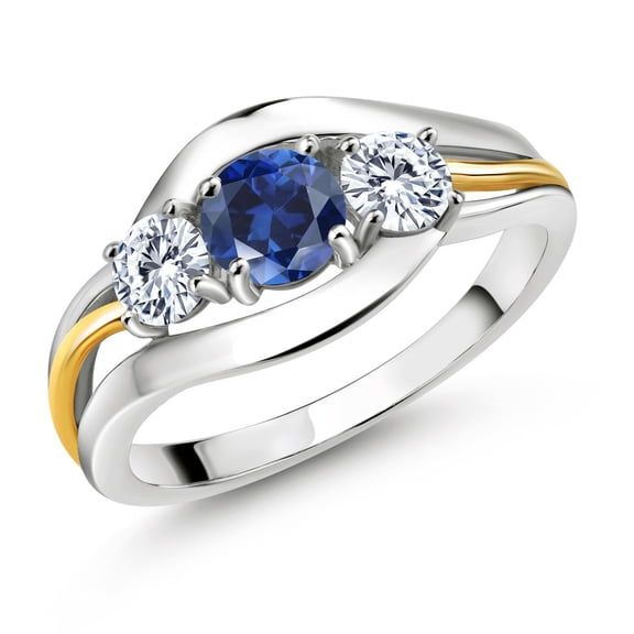 Gem Stone King 1.06 Cttw Round Blue Created Sapphire and White Moissanite 3-Stone Ring for Women | 925 Sterling Silver and 10K Yellow Gold | Three Stone Wedding Engagement Anniversary Ring | Size 9
