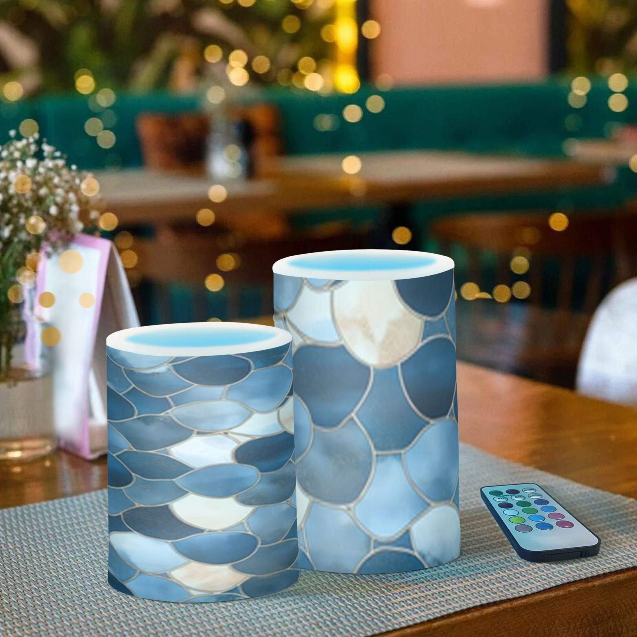 Blue Grey Abstract Art Flickering Flameless Candles Battery Operated with Remote Timer LED Pillar Candles Set of 2