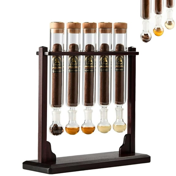 Cigar Flavor Injector Humidifier, Handmade DIY Aromatherapy Wooden Base Display with Hygrometer & Airtight Caps,Cigar Infuser Glass Tube Kit for Men Cigars Lovers (1pc,Number of tubes-5)