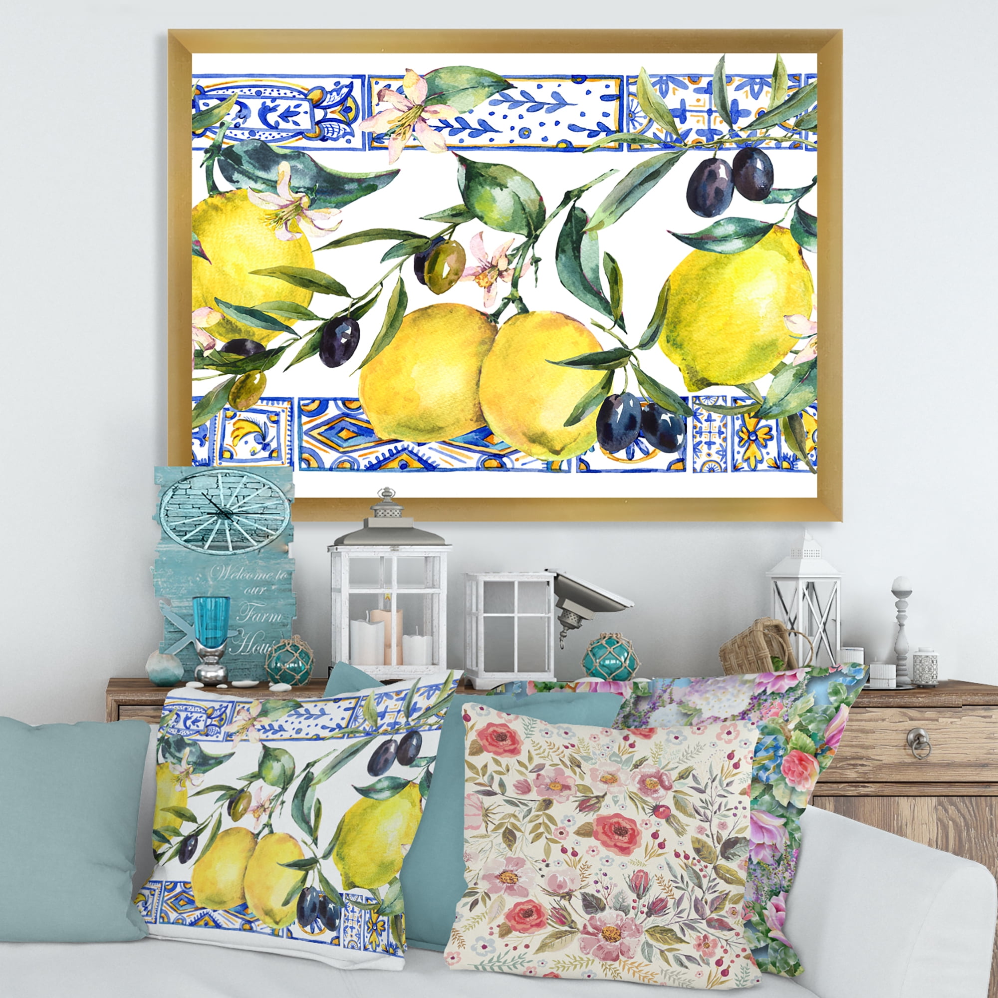 Designart 'Geometrical Pattern of Lemon Ornament On Blue II' Tropical Framed Art Print