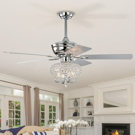 

PINGCNG Luxurious 52 inch Chrome Crystal Ceiling Fan with Lights Fandelier and Chandelier - Reversible Blades 3 Adjustable Wind Speeds Remote Control - Perfect for Bedroom Living an