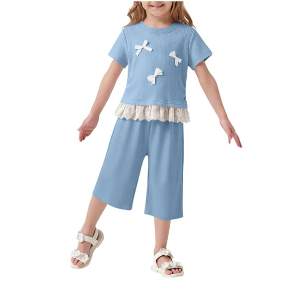 Capri Sets Girls 2 Piece Summer Outfits Bow Lace Trim Tshirts Wide Leg Capris Cute Going Out Clothes Blue, 7 Years