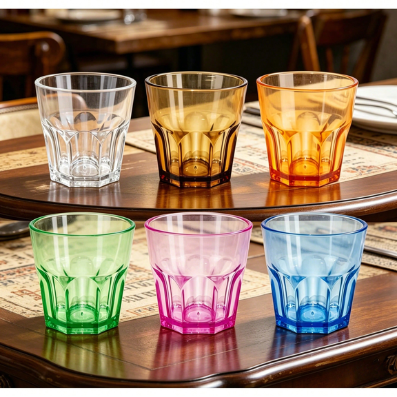 Plastic Drinking Glasses Set of 6, Unbreakable Coloured Tumblers, Acrylic Reusable Cups for Kitchen, Picnic, Party, Juice, Whiskey, Wine (6 Colors, 5.4oz/160ml)