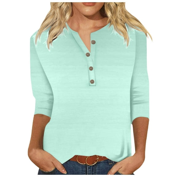 Women's Casual V Neck Geometric Print Shiny T-Shirt Colorful Button Detail Three Quarter Sleeve Comfortable Stylish Top