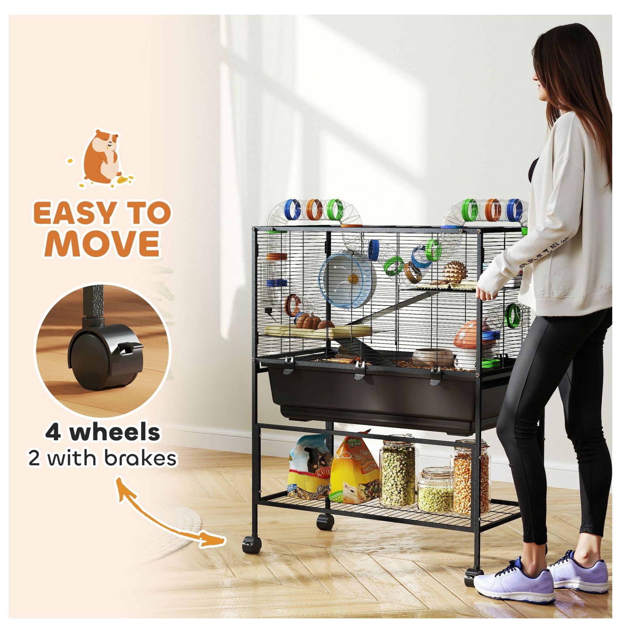 Hamster Cage 3 Tier, Rolling Rat Cage with Deep Tray, Exercise Wheel & Hut - Spacious Small Animal Habitat for Syrian Hamsters, Gerbils