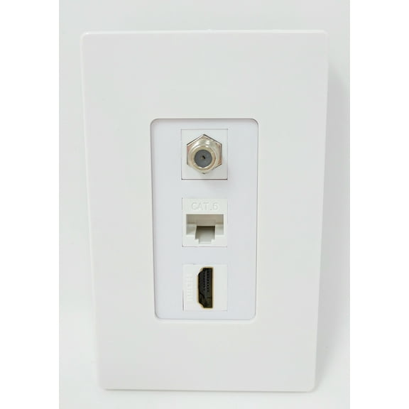 RiteAV Screwless Decorative 1 Gang Wall Plate (White/White) 3 Port - Coax (White) Cat6 (White) HDMI (White)