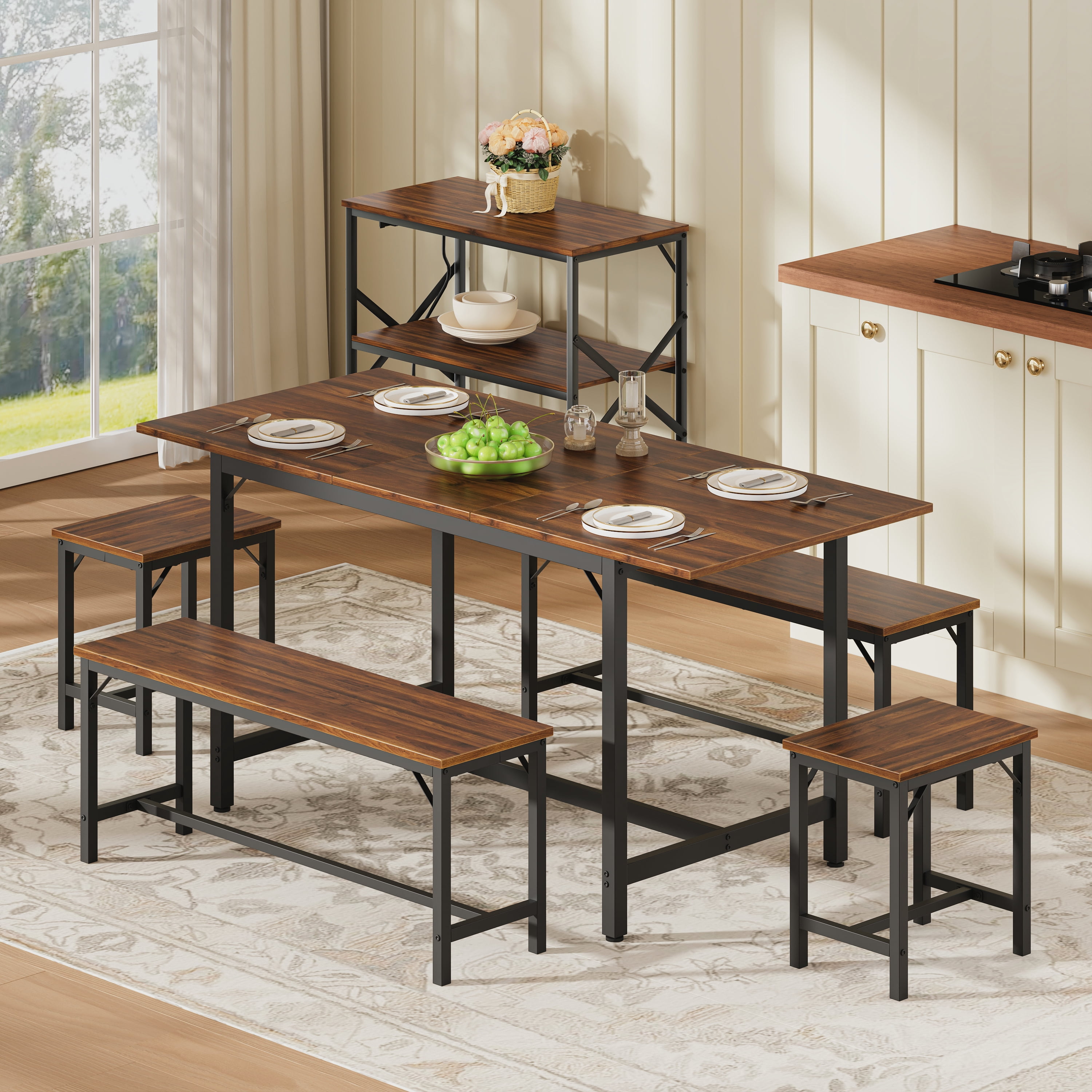 Aukfa 63" Extendable Dining Table Set for 4-8, 3-Piece Kitchen Table Set with 2 Benches & 2 Stools, Space Saving Wood Table & Metal Frame,Walnut