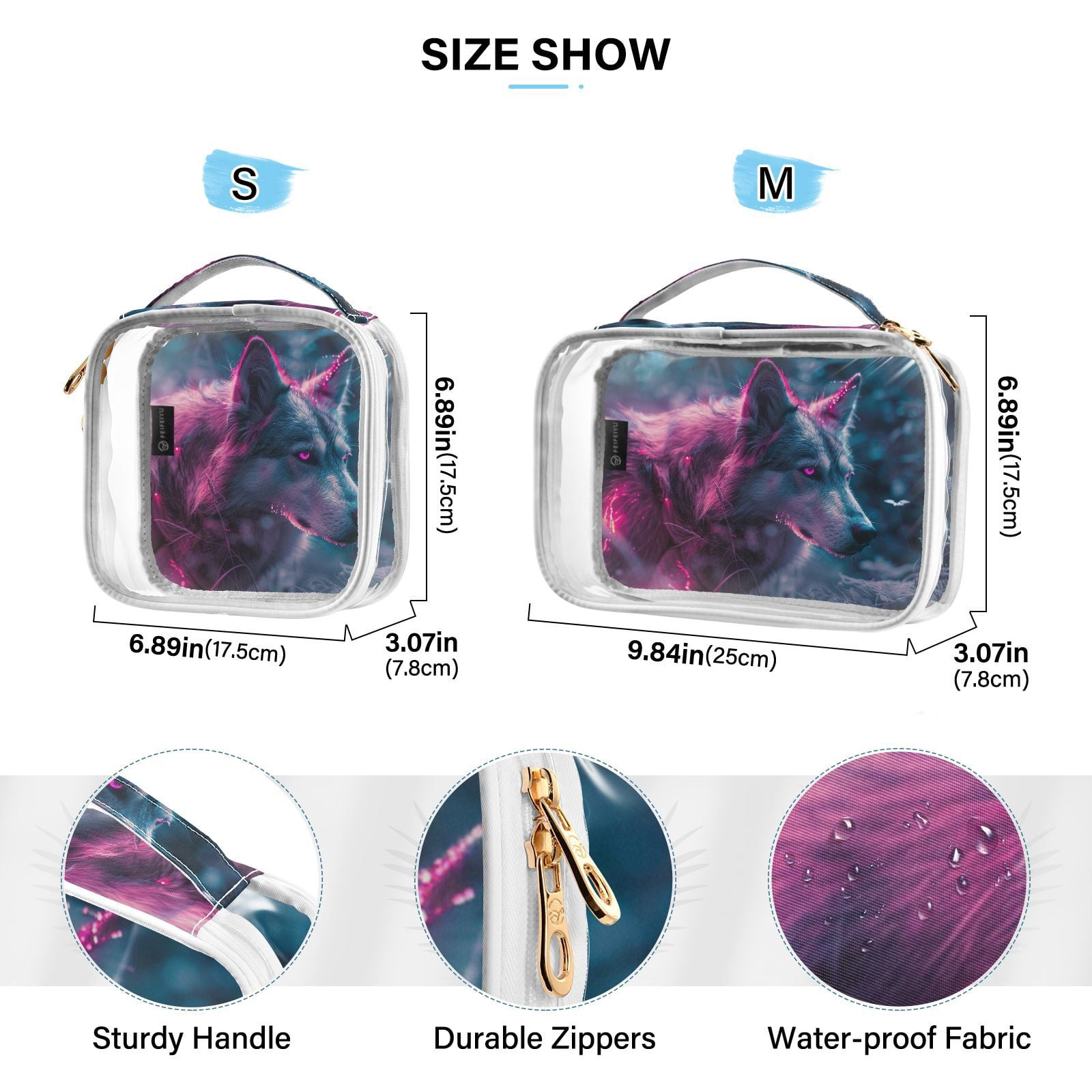 Clear Makeup Bags with Handle Large Opening 2 Pack Set Toiletry Bag Quart Size Bag, for Women Man Traveling Travel Essentials, Toiletries and Other. Wolf