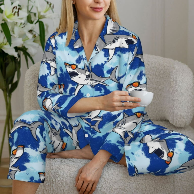Spectacled Great White Shark Pajamas for Women Set Comfy Long Sleeve Button Shirt and Pajama Pants Pjs Sets for Women 2 Piece Soft Sleepwear Ladies Pj Lounge Sets with Pockets Walmart
