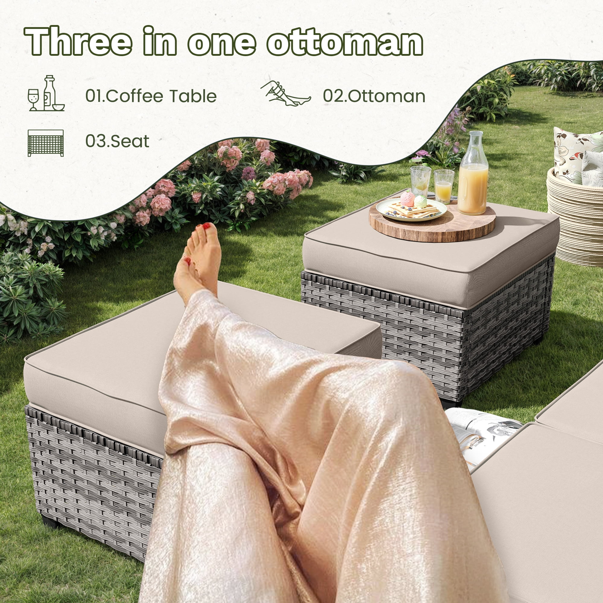 POTEBAN Patio Furniture Set with 44" Fire Pit Table, 9 Pieces Outdoor Sectional Conversation Sets with Swivel Chair & Ottoman for Garden Backyard Deck, Khaki