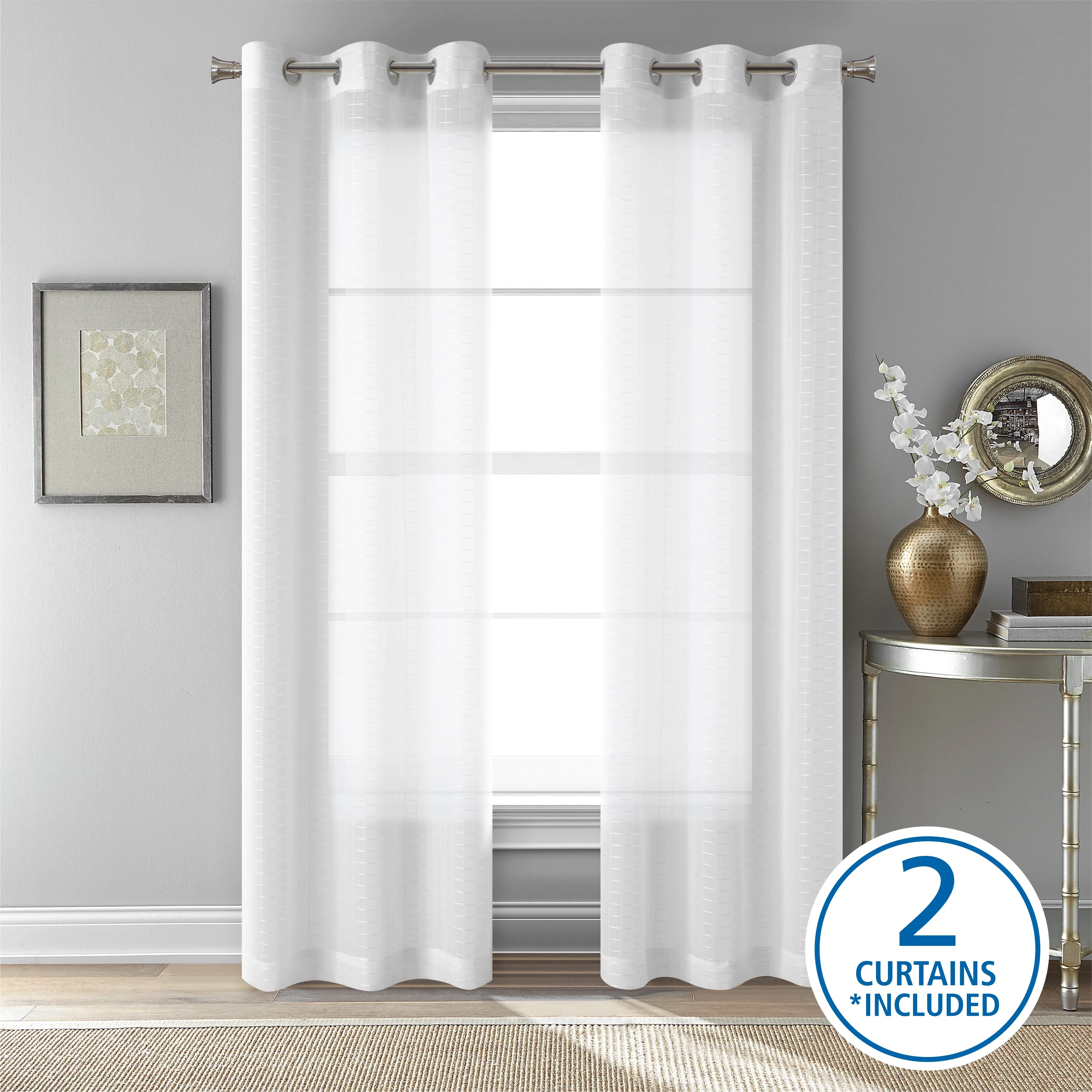 (2 pack) Mainstays Windowpane Sheer Curtain Panel Pair, Set of 2, White, 38" W x 84" L