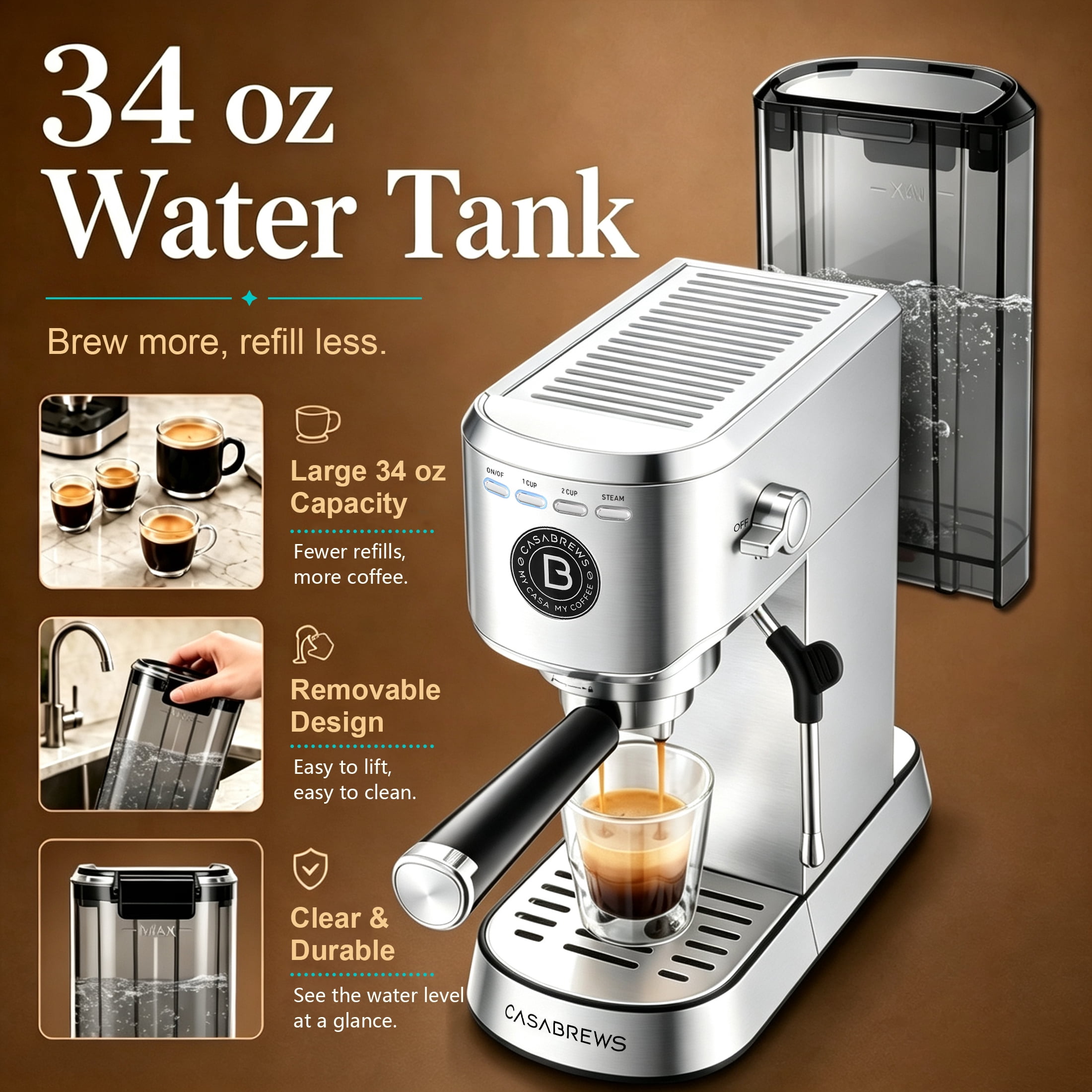 CASABREWS 5418 Basic 20-Bar Espresso Machine with Steam Wand, Stainless Steel