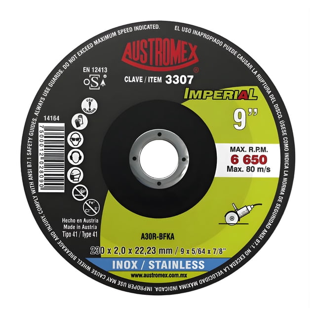 Disco Corte Acero Inoxidable 230x2x22.23mm Austromex 3307 Negro