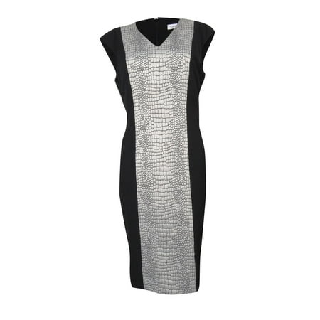 Calvin Klein Women's Animal Textured V-Neck Sheath Dress (4, Black/Cream)