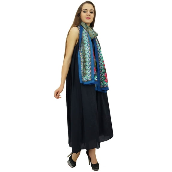 Bimba Women's Designer Navy Blue Dress With Floral Printed Scarf Summer Wear - 8