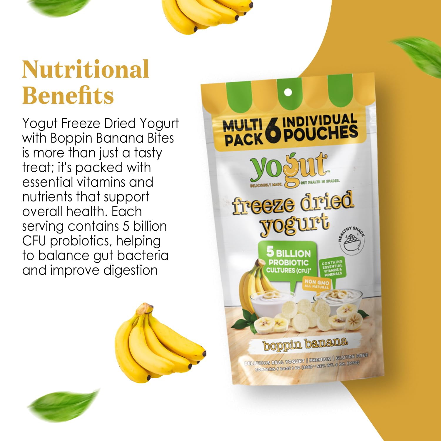 Freeze-Dried Banana Yogurt Bites, 6-pack, Crunchy Texture, Gluten-Free, Non-GMO, with 5 Billion Probiotic Cultures