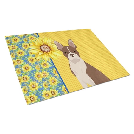 

Summer Sunflowers Red Boston Terrier Glass Cutting Board Large 12 in x 15 in