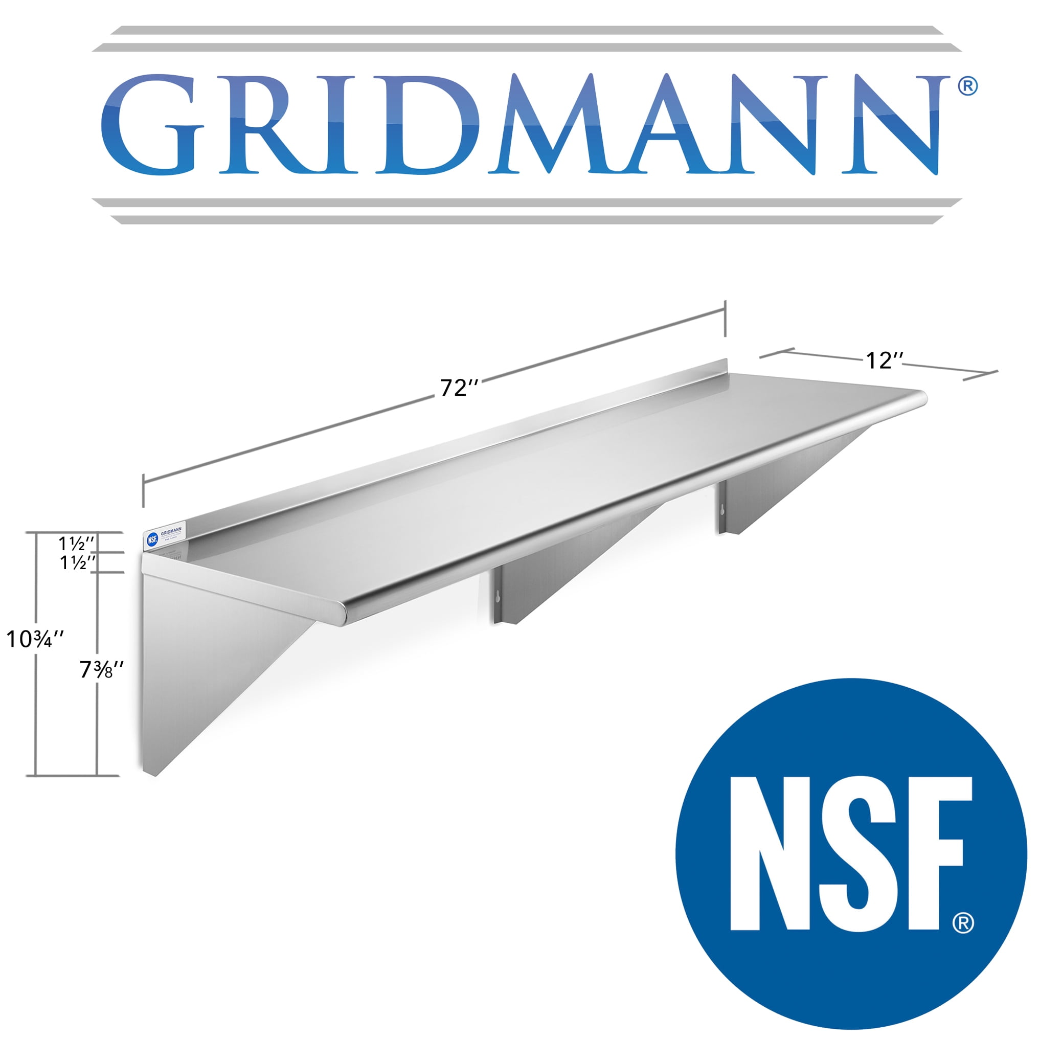 GRIDMANN 12" x 72" NSF Stainless Steel Kitchen Wall Mount Shelf w/ Backsplash