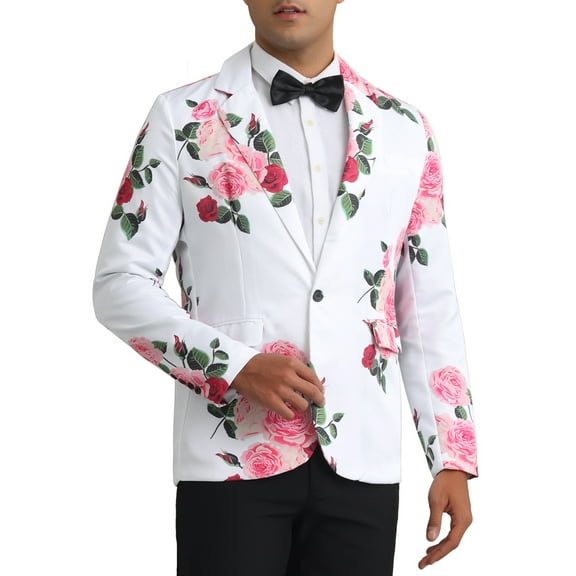 INSPIRE CHIC Floral Sport Coats for Men's Slim Fit Party Prom Flower Printed Blazers S White