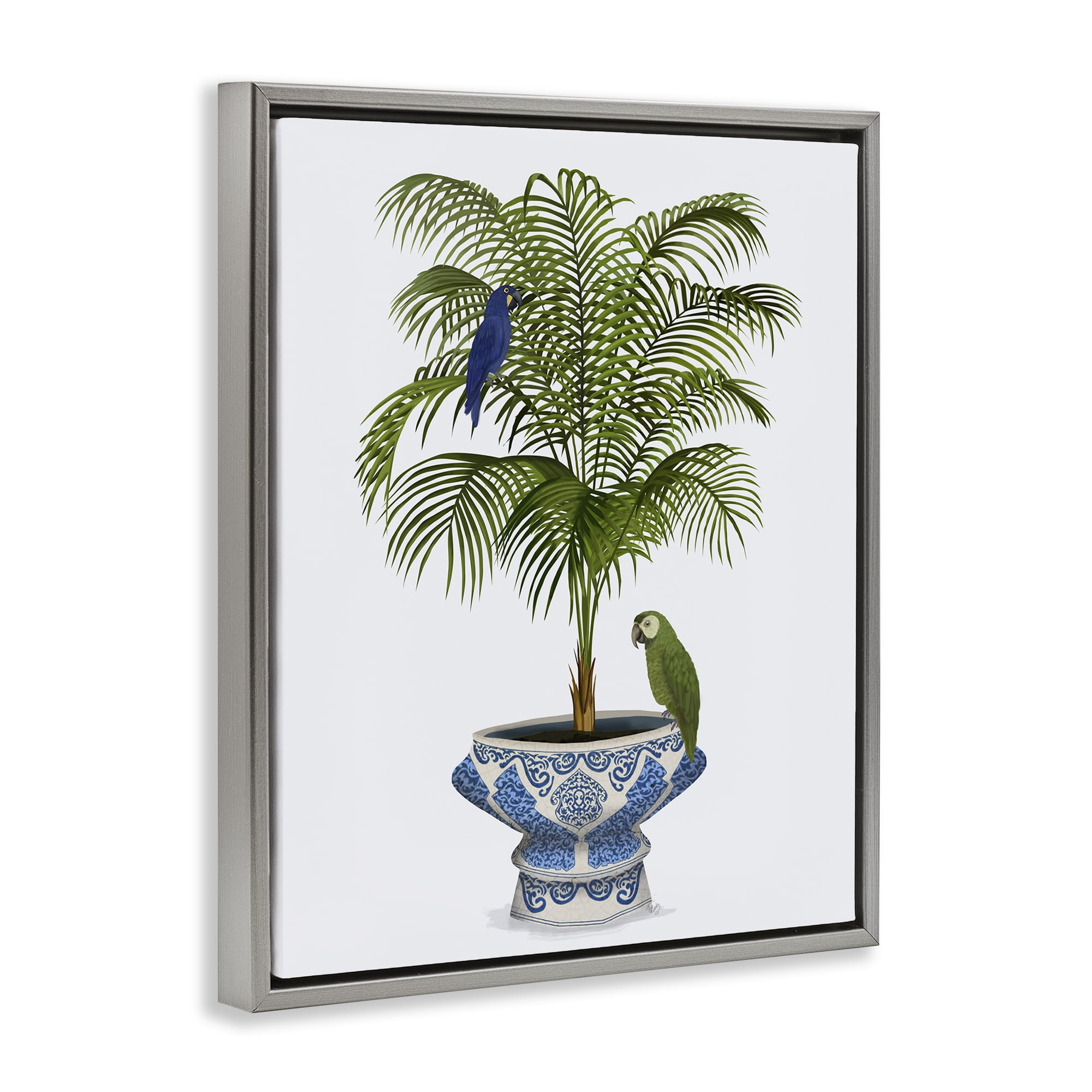 Stupell Industries Parrots on Ornate Planter Botanical & Floral Painting Gray Floater Framed Canvas Art Print Wall Art, 17 x 21