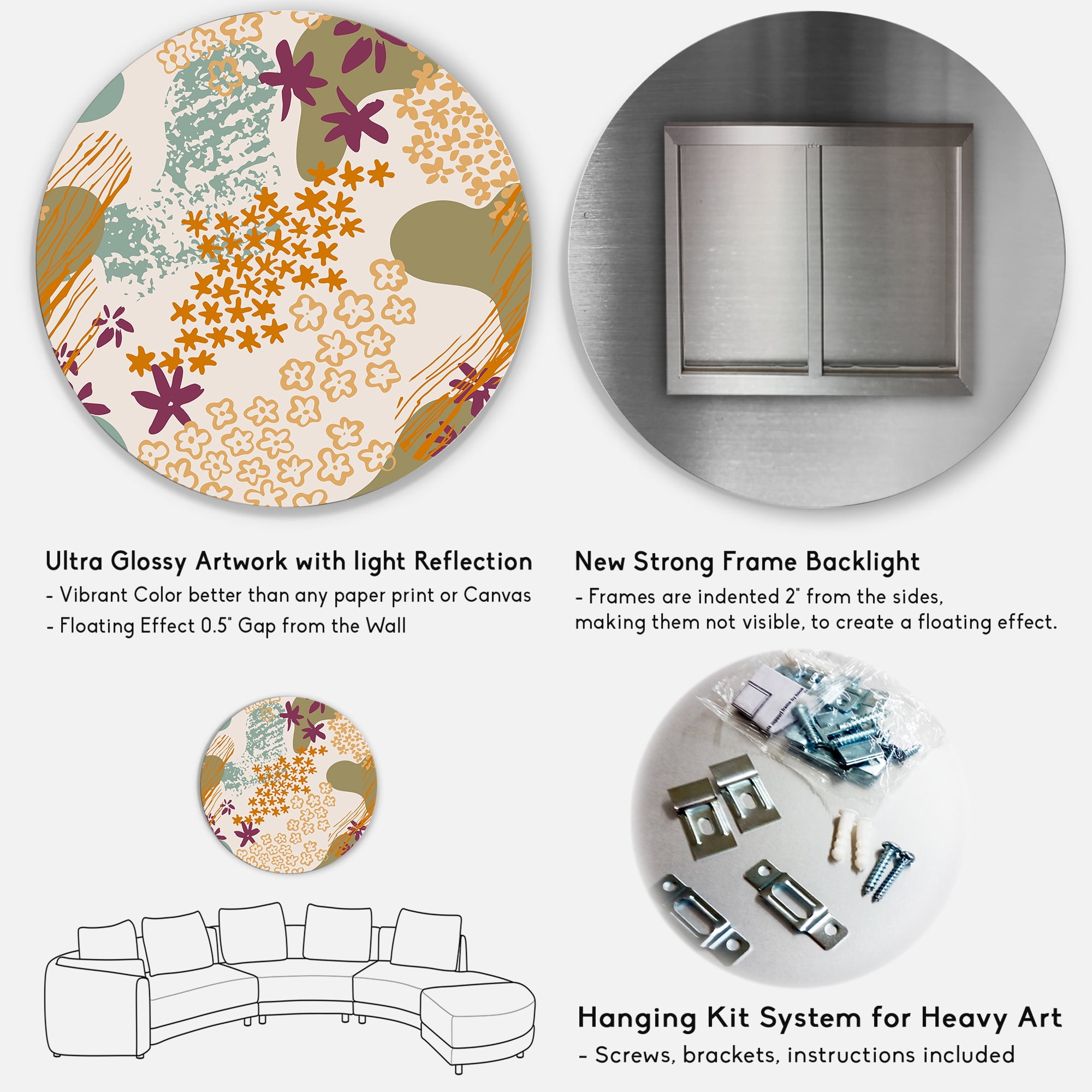 Designart 'Fluid Shapes and Flowers Silhouettes' Modern Circle Metal Wall Art 36x36 - Disc of 36