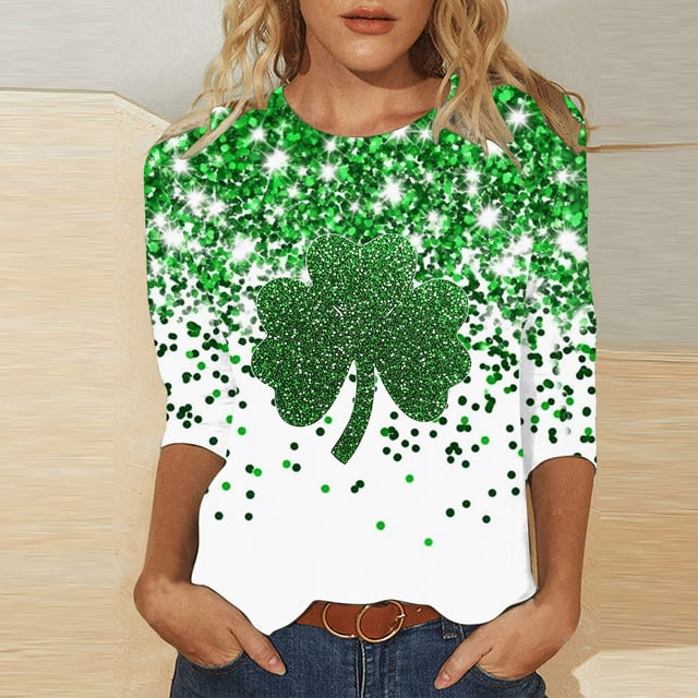 TaTaai Women's St. Patrick's Day Green Print T-Shirt Round Neck 3/4 Sleeve Loose Fit Casual Top Irish Festival Spring Holiday Blouse Gift