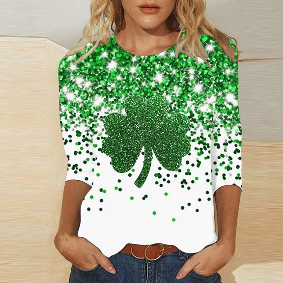 St. Patrick's Day T-Shirt for Women Clover Graphic Three Quarter Sleeve Crewneck Soft Breathable Fabric Festive Novelty Clothes