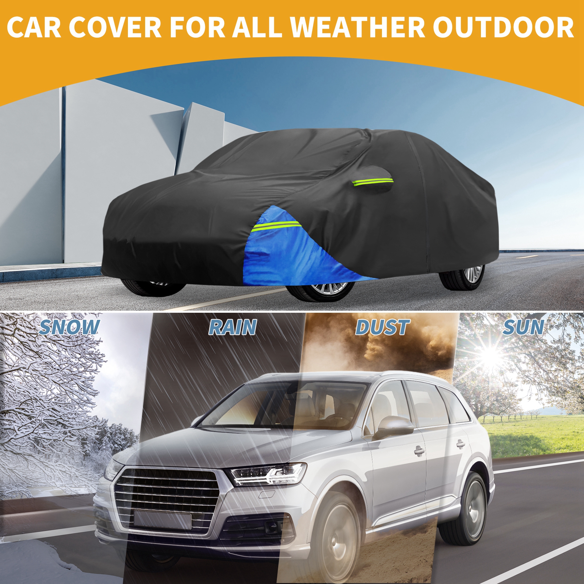 Unique Bargains Full Car Cover 210D Oxford Black Blue 194.88"x72.83"x51.18"