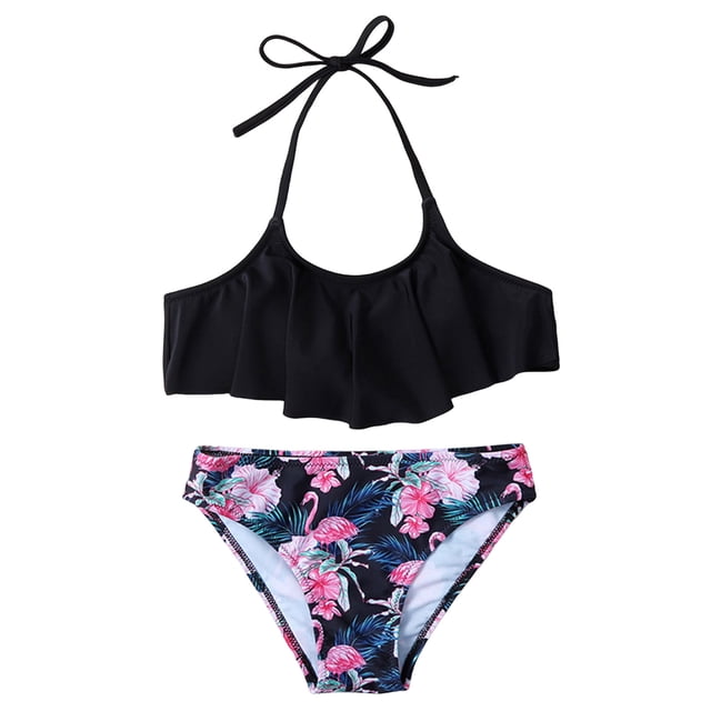 Pimfylm Girl Tankini Set Girls Swimsuit Two Pieces Bikini Set Ruffle Bathing Suits Swimwear Black,Size for 9-10 Years