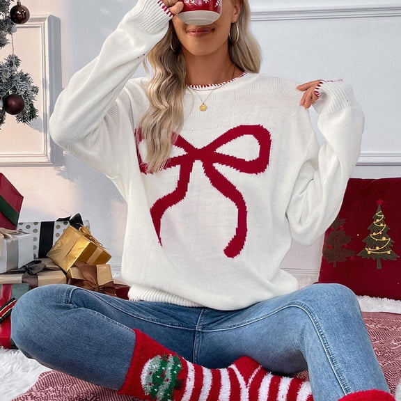 Felirenzacia Christmas Cute Bow Tie Sweaters, Crewneck Long Sleeve Knit Pullovers with Emboidery, Ugly Holiday Plush Jumpers
