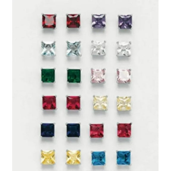 ADIRFINE 925 Sterling Silver Square Princess Cut Birthstone Stud Earrings