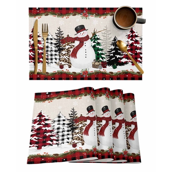 Placemats Set of 8, Christmas Woven Placemat, Linen Place Mats for Kitchen/Dining Tables, Rustic Red Plaid Tree Xmas Snowman Washable Table Mats for Party