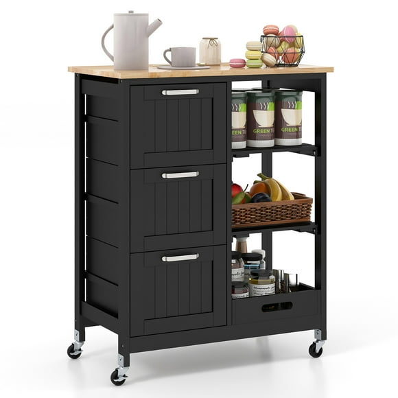 Gymax Kitchen Island Cart on Wheels Rolling Utility Cart w/ Rubber Wood Top & 3 Storage Drawers Black