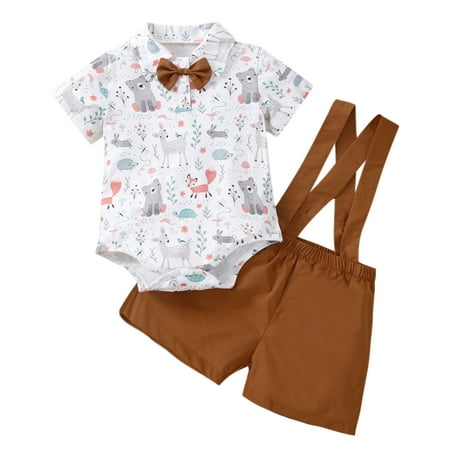 

Toddler Baby Boy Gentleman 2Pcs Clothes Set Short Sleeve Animal Shirt with Tie Shorts Summer Outfit