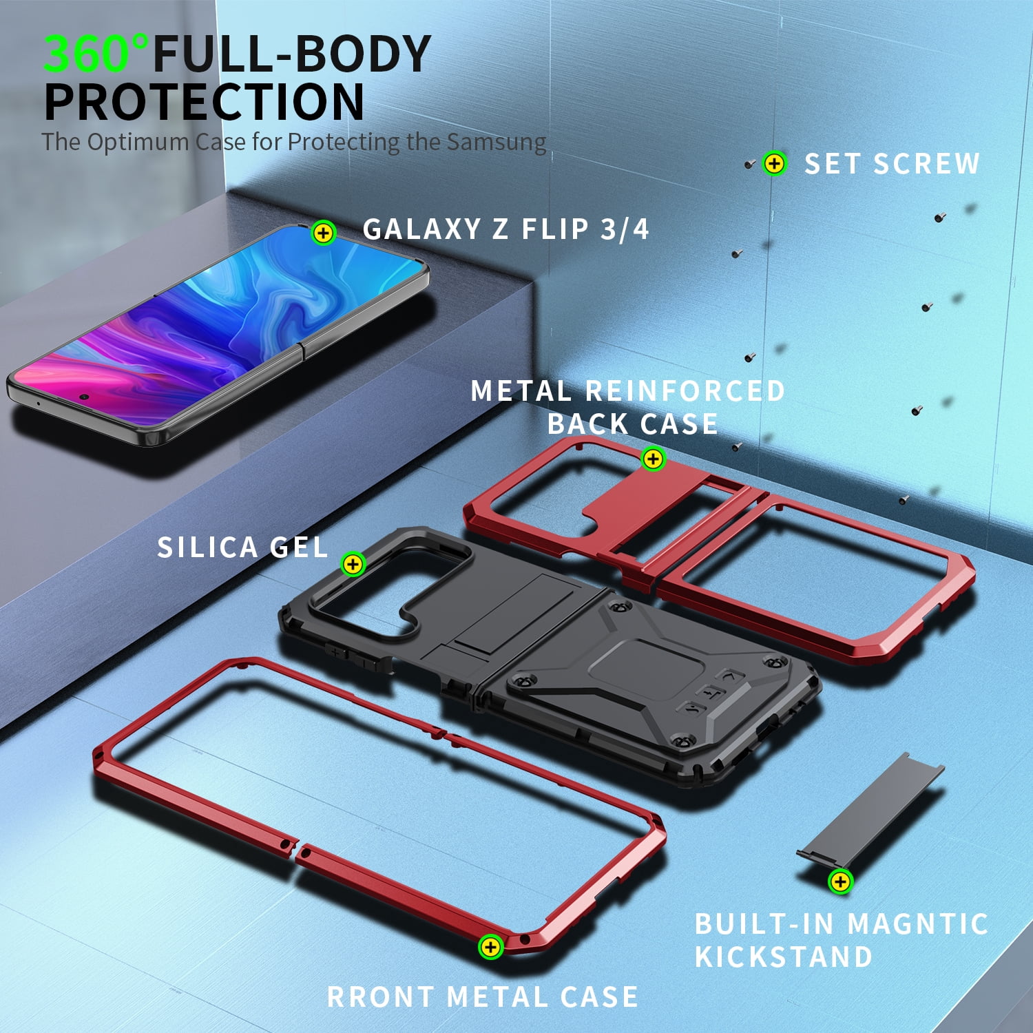 ELEHOLD for Samsung Galaxy Z Flip 4/3 6.7" Case, Heavy Duty Armor Built-in Explosion-Proof Tempered Glass Screen Protector Wireless Charging Hang Rope Hidden Kickstand Shockproof Rugged Case,Red