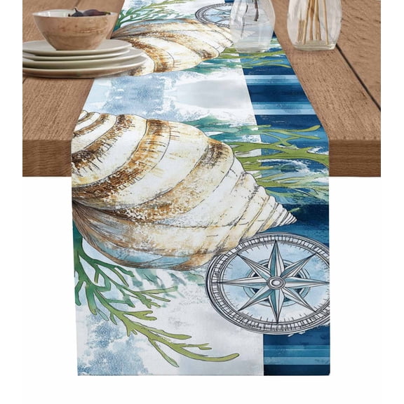ERUNPONLY Nautical Compass Table Runner - 48 Inch Long Coastal Ocean Shell Seaweed Cotton and Linen Blended Dress Scarves Farmhouse Table Runner for Kitchen Dining, Coffee Table, 13"x48"