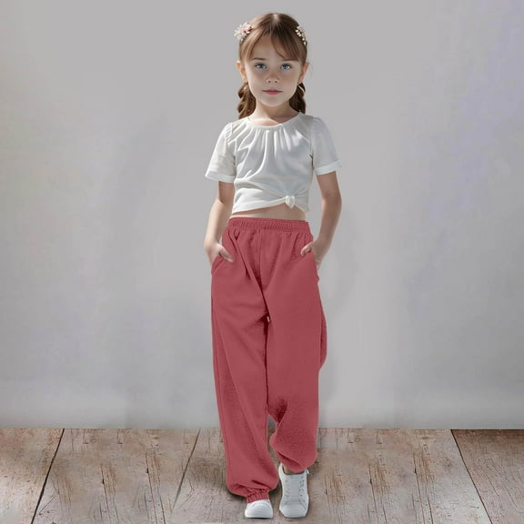SNKSDGM Girls Pants Size 7 Jeans Medium and Large Children Casual Girls Solid Color Drawstring Sweatpants 5-6 Years