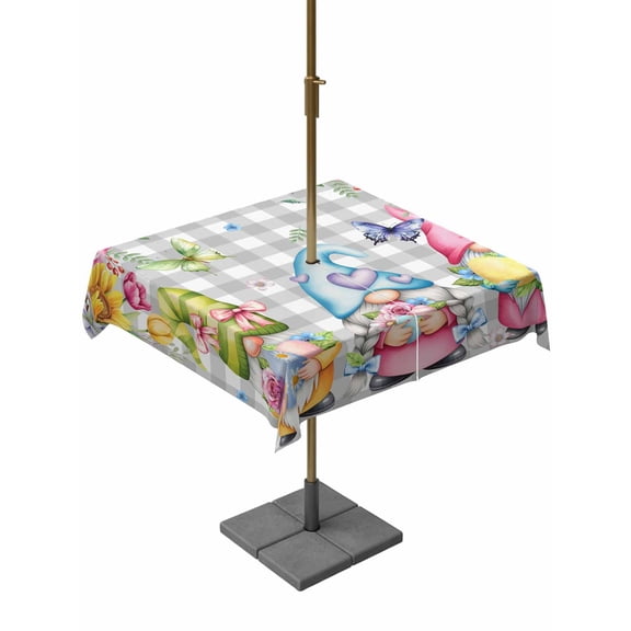 Outdoor Tablecloth with Umbrella Hole and Zipper, Easter Gnomes Square Table Cloth 54x54 Inch Waterproof Tablecloth, Spring Floral Eggs Flowers Butterflies Gray Plaid Picnic Table Cover for Patio