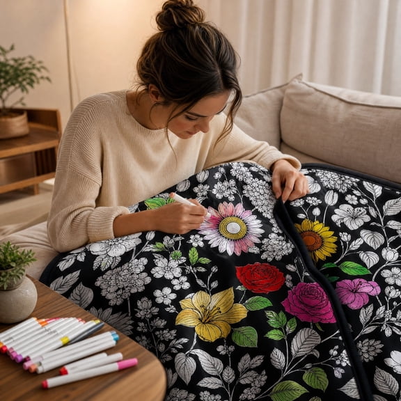CHJK DIY Coloring Blanket with 24 Colors Markers, 50"X59" Soft Cozy Doodle Throw Blankets, Giant Doodle Coloring Blanket for Adults, Washable