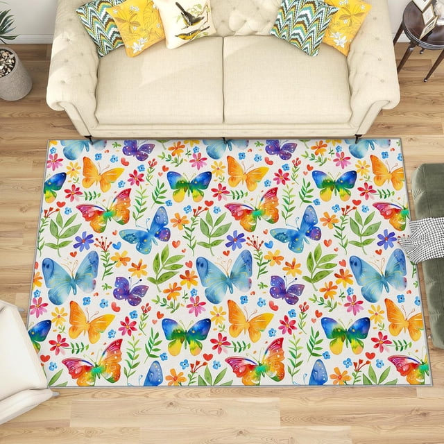 3x5 Rug, Butterfly Door Mat Washable Non Slip Soft for Entryway, Girls Rug, Butterflies and Floral Carpet, Butterfly Home Decor & Gifts